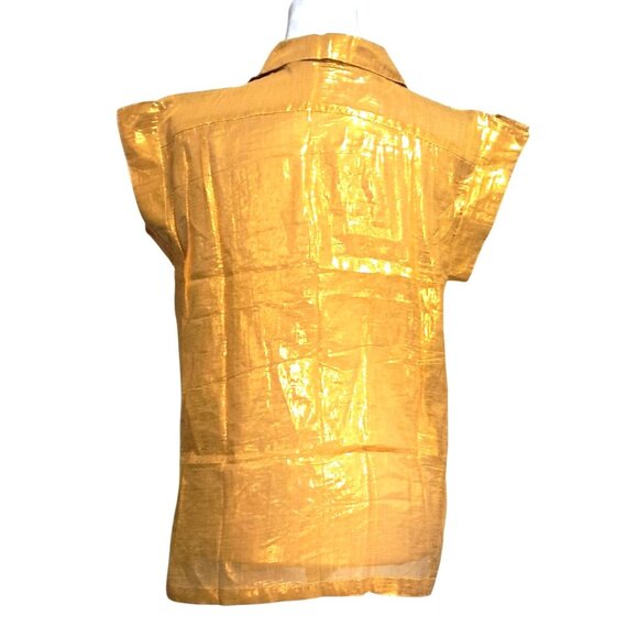 Vintage Golden Yellow Top Womens Size 3 Metallic Button Up Short Sleeve Shirt by - Picture 9 of 10